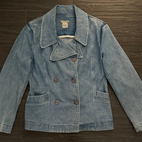 DEMOCRACY WOMENS BLUE DENIM JACKET DOUBLE BREASTED RETRO MEDIUM WASH SZ 6 - Picture 1 of 12